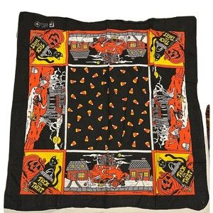 VTG USA Halloween Cotton Handkerchief Haunted House Ghost Pumpkin Candy Corn